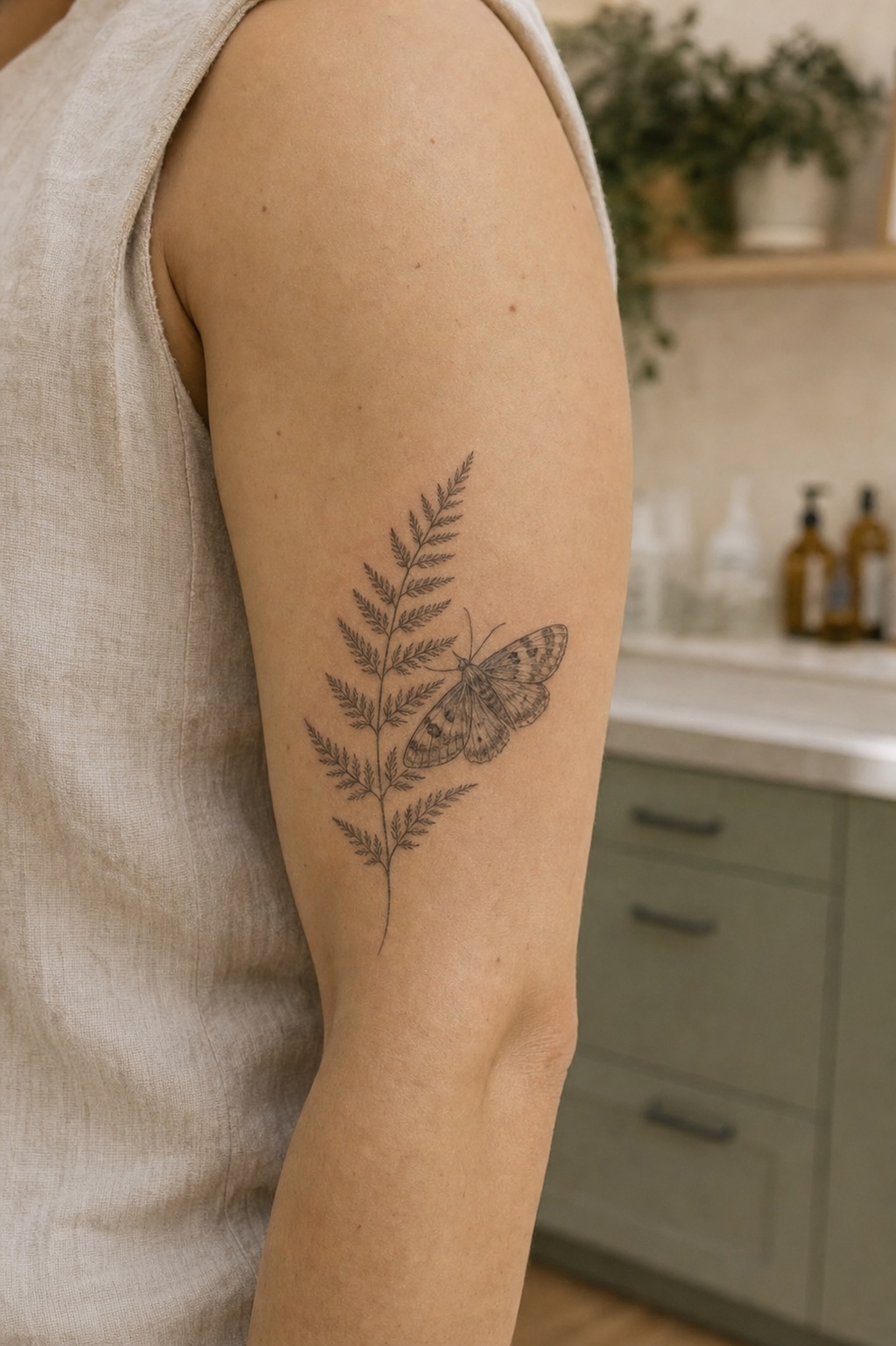 Tatuaggio naturalistico con falena e felce