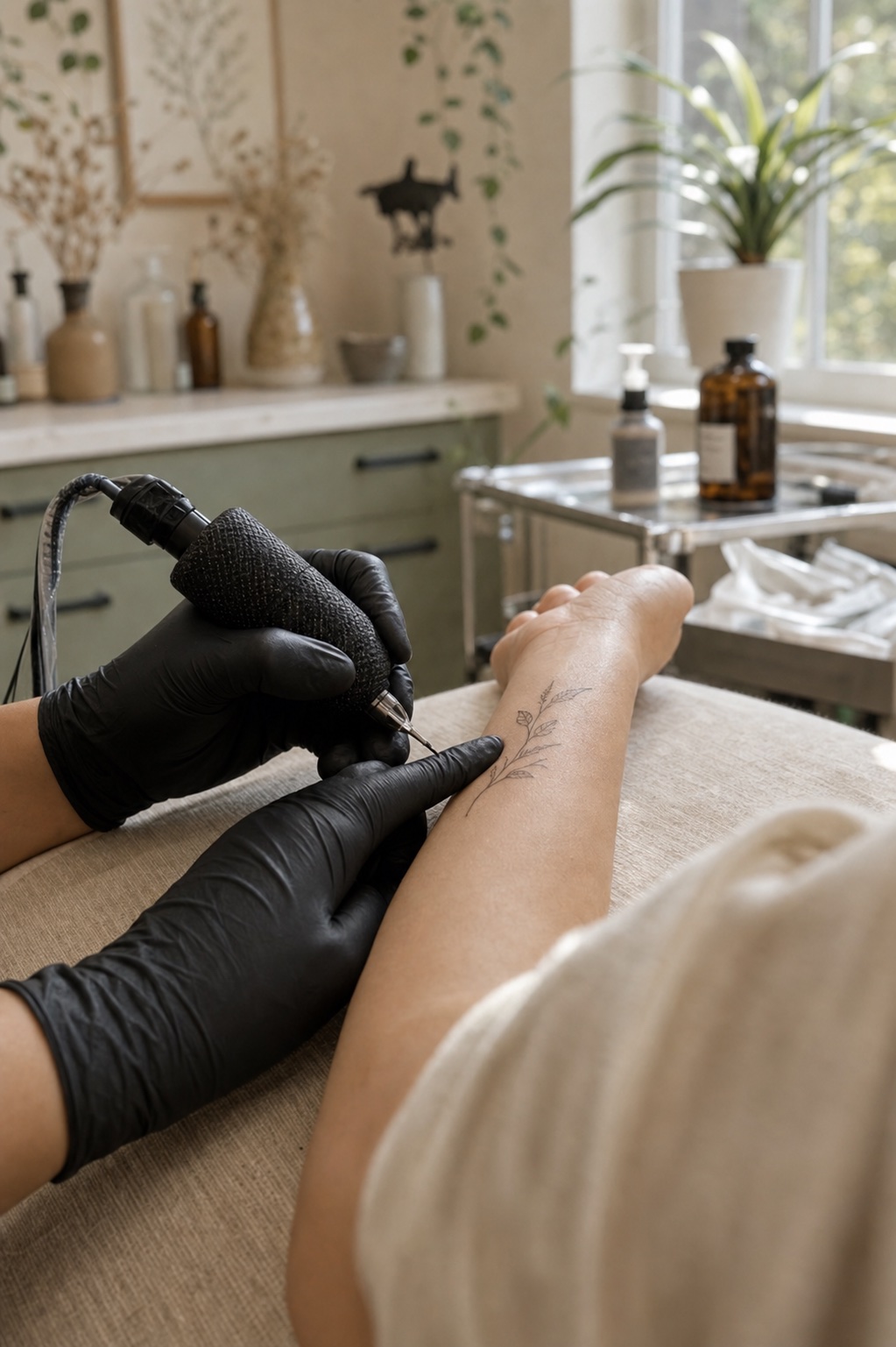 Sessione fine-line botanica all'interno di Botanica Tattoo Lab